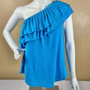 Lauren Ralph Lauren Blaze Ocean Linen Blend Ruffle One Shoulder Top Women’s Sz L